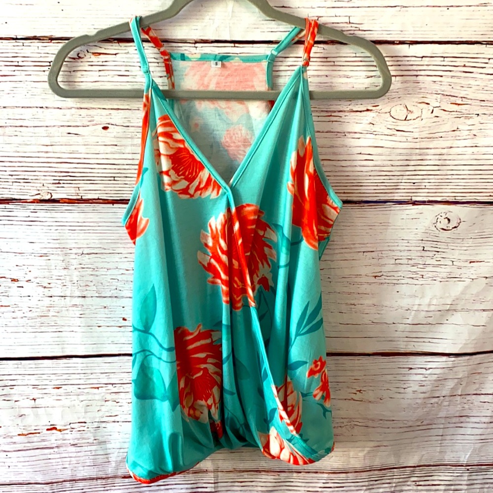 Floral Print Surplice Tank Top S Blue/Orange